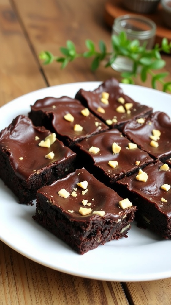 Decadent Vegan 3-Ingredient Brownies Fudgy vegan brownies on a plate, cut into squares and topped with nuts, placed on a rustic wooden table.